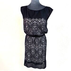 Max Studio Cap Sleeve Blouson Stretch Lace Dress - Black/White - Size M